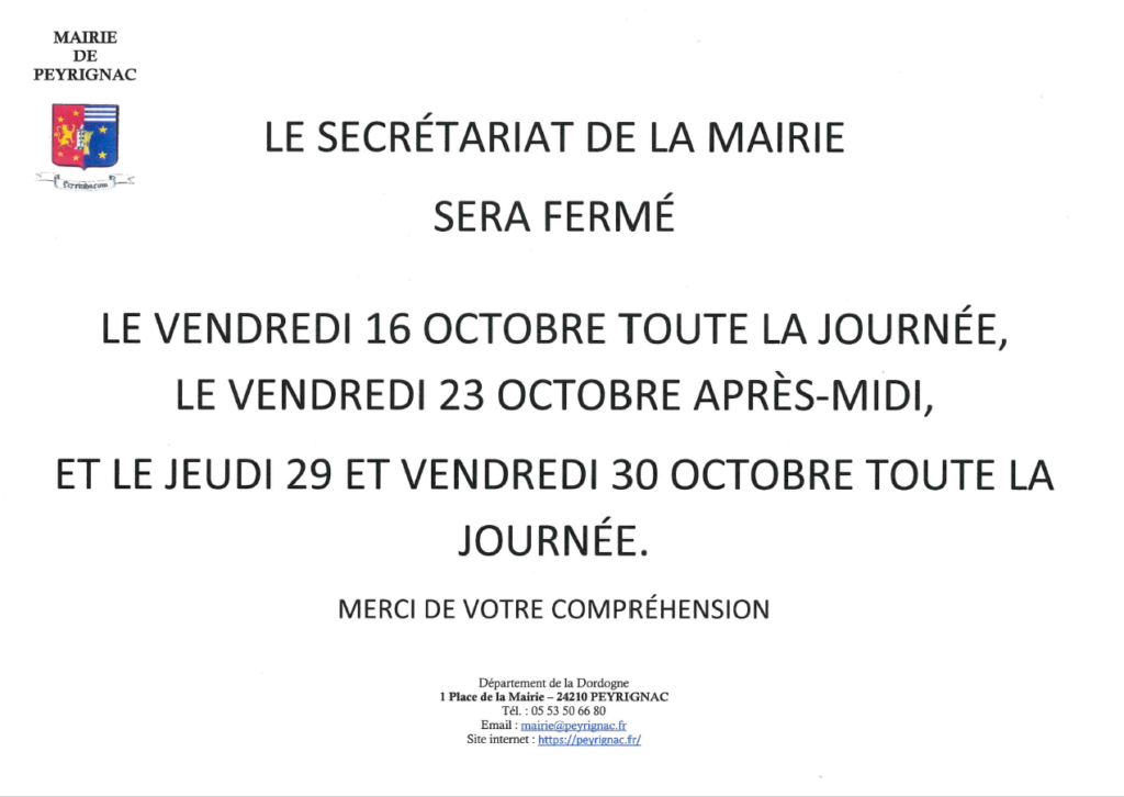 FERMETURE MAIRIE OCTOBRE